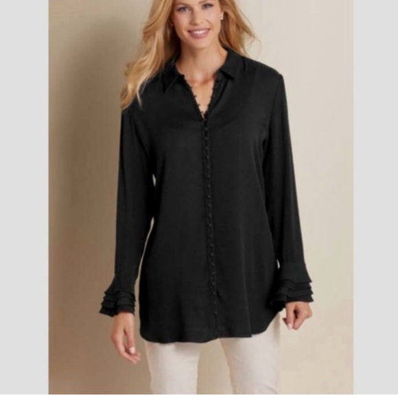 Soft Surroundings Button Down Poet Blouse Ruffle Cuffs Black Size PXS - Picture 3 of 12